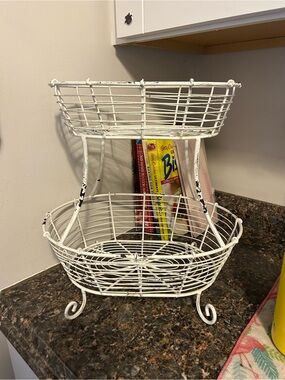 Two-Tier White Rustic Wire Fruit Basket